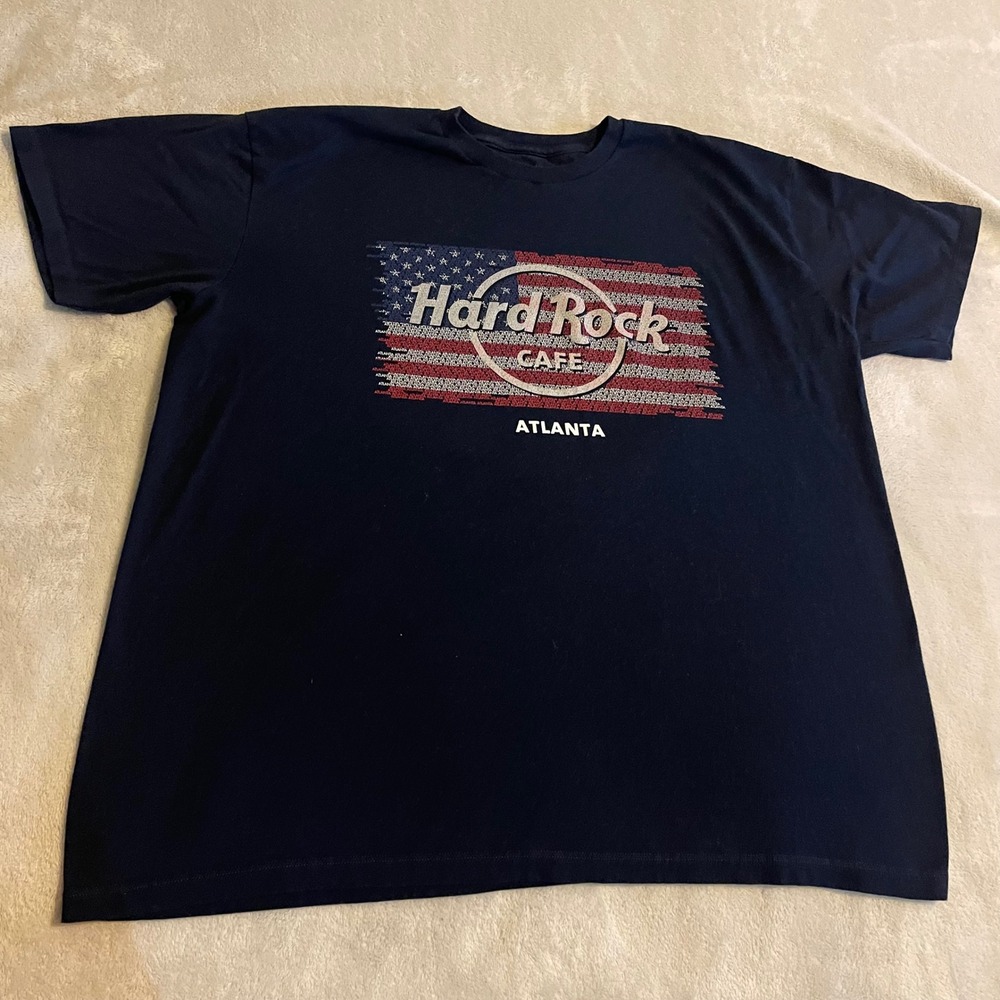 Vintage Hard Rock Cafe Atlanta USA Flag Graphic T Shirt Men's XX Large Navy Blue